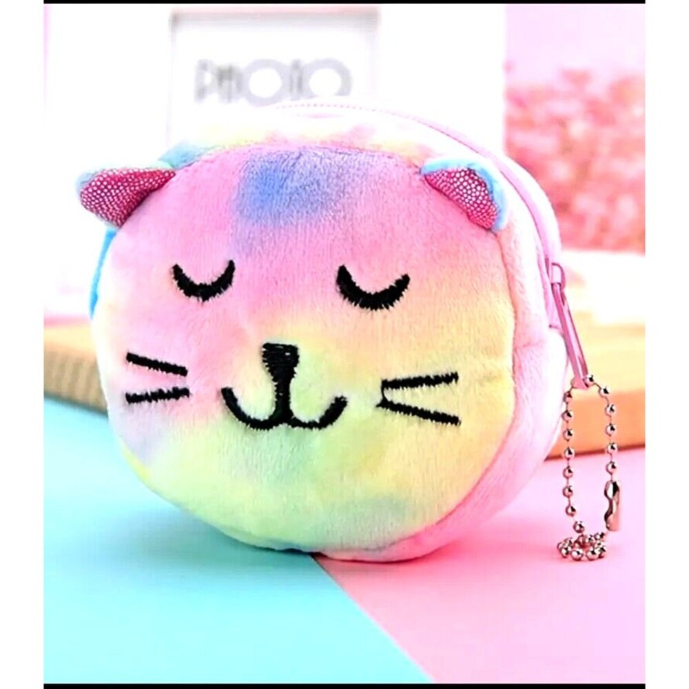 FUR Kitty Cat Coin Purse Keychain STITCHED Eyes Nose